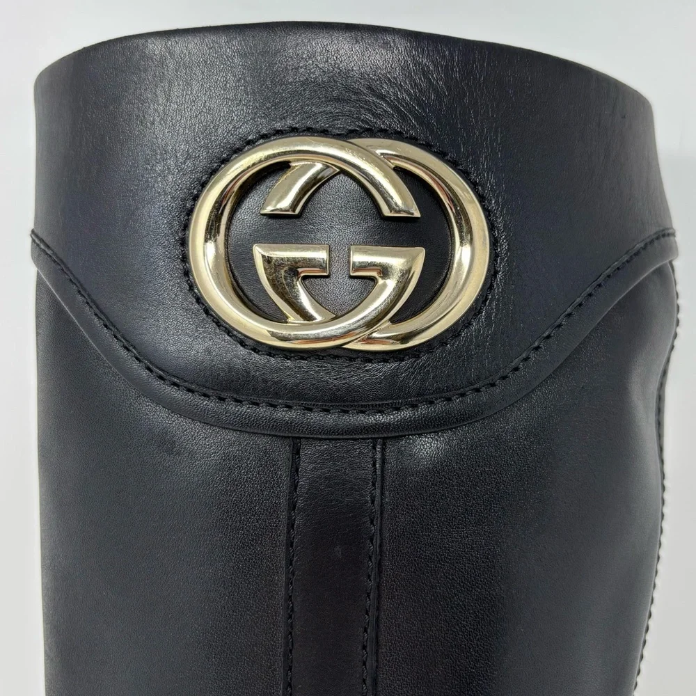 Gucci by Tom Ford GG Logo Black Leather Knee High Boots Size 8.5 Vintage - Picture 9 of 16